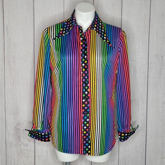 Vintage 70s Rainbow Stripe & Checkered Psychedelic Dagger Collar Button Up - Picture 1 of 6
